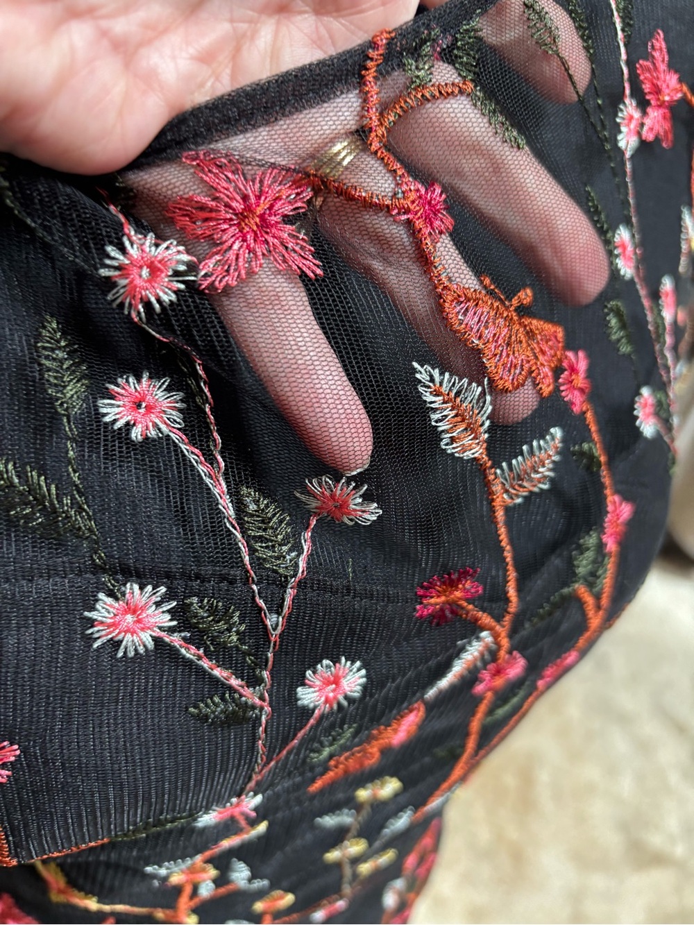 Floral Embroidered Black Maxi Dress with Sheer Overlay - Picture 9 of 15